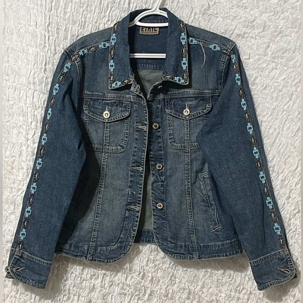 ETHYL VINTAGE DENIM JACKET WOMEN AZTEX BEADED TRIM SIZE L